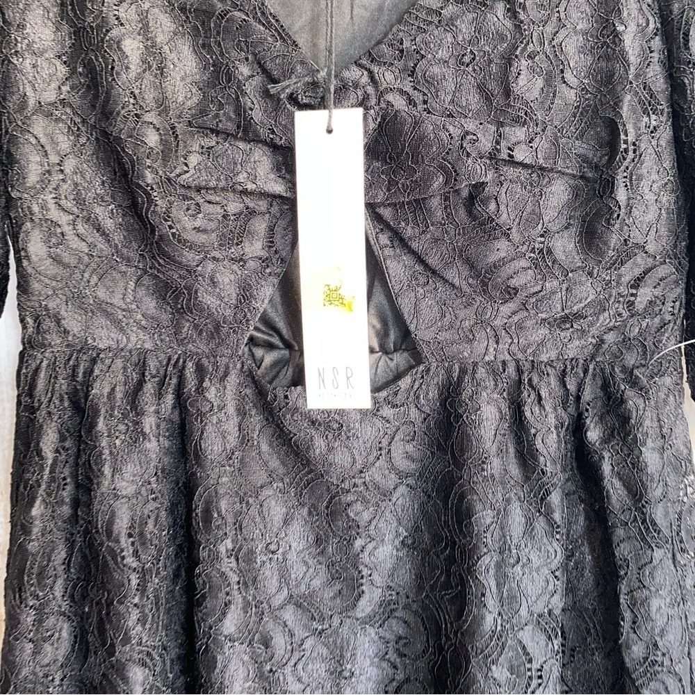 NWT NSR Black Lace Puff Sleeve Stretch Dress - Picture 4 of 6